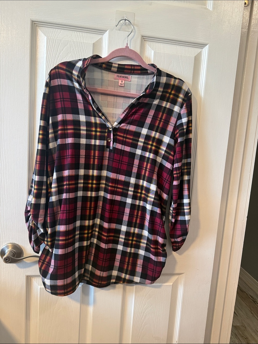 Maternity Feathers Plaid Popover Tunic - Burgundy, Black & White